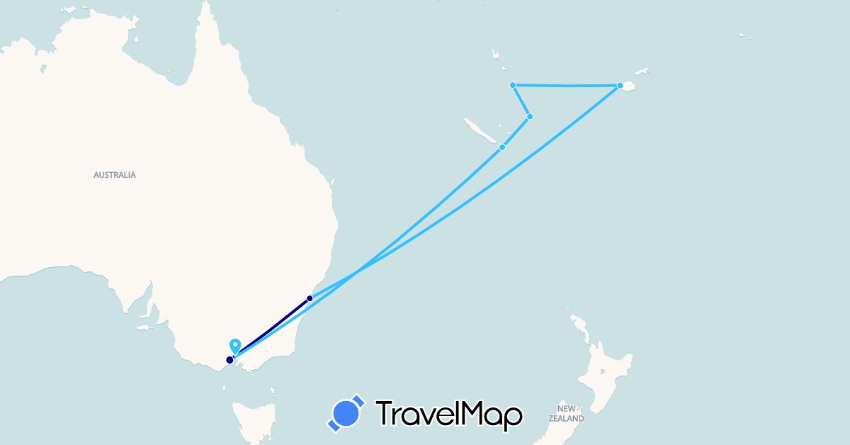 TravelMap itinerary: driving, plane, boat in Australia, Fiji, France, Vanuatu (Europe, Oceania)